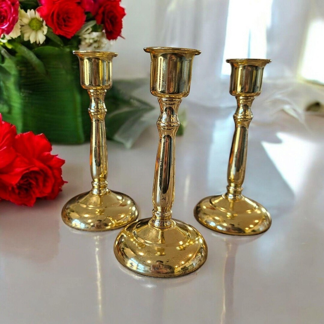 Vintage Lot of Brass Candlesticks 6 Inches Gold Felt Bottom Tapered Set ...