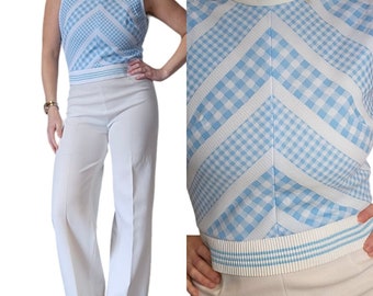 Vintage 70s Sz 4 White Blue Flared Sleeveless Jumpsuit Knit Polyester Wide Leg