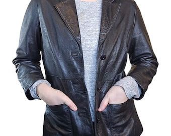 Retro 90s Black Leather Classic Womens Blazer Jacket Petite Small Wilsons Button