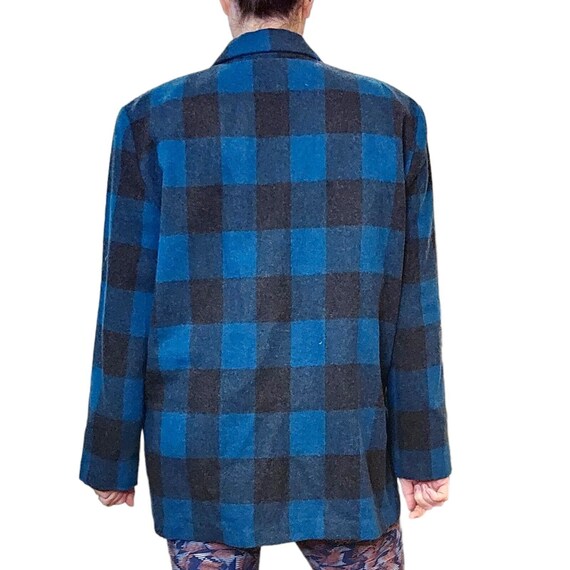 80s 90s Wool Blend Plaid Checkered Teal Blue Dark… - image 3