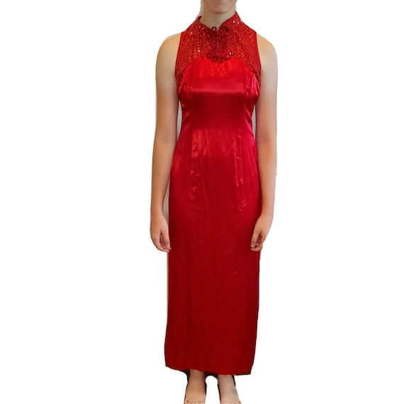 Vintage 90s Zum Zum Cheongsam Japanese Red Satin … - image 1