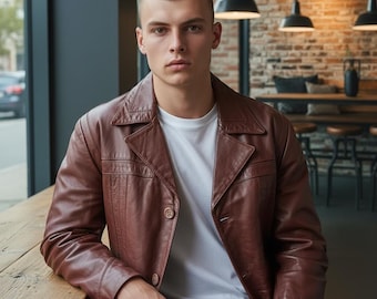 70s Dark Cherry Red Brown Leather Coat Removable Sherpa Liner Sz 50 XL Disco