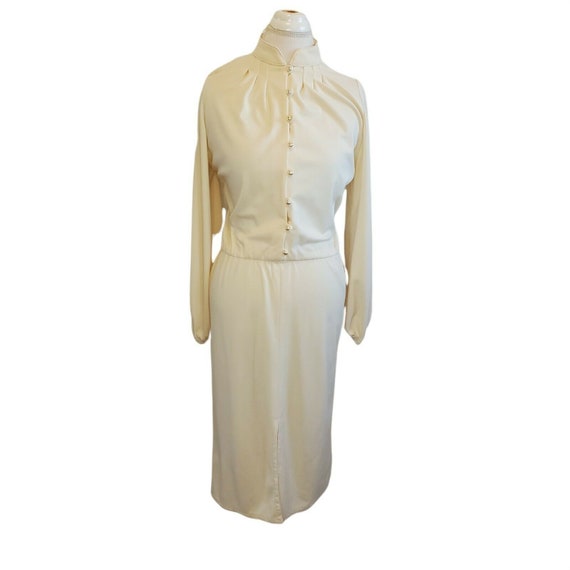 Vintage 60s Womens Medium Cream Midi Day Dress Pl… - image 1