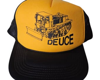 80s CAT Caterpillar Deuce Dozer Foam Trucker Rope Hat Snapback Black Yellow