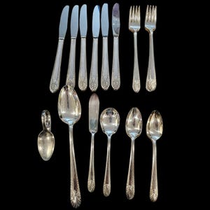 May include: A set of silverware, including knives, forks, and spoons, all made of polished silver. The silverware is arranged in two rows, with the knives and forks in the top row and the spoons in the bottom row.