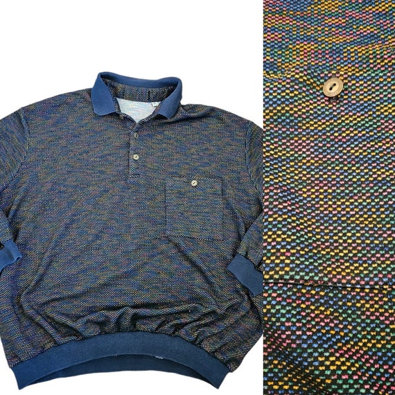 2X Mens Navy Blue Henley Sweater Thin Rainbow Spe… - image 1