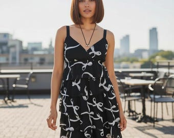 Y2K Womens Babydoll Dress Black Bow Print Tiered Ruffles Coquette Sz M L