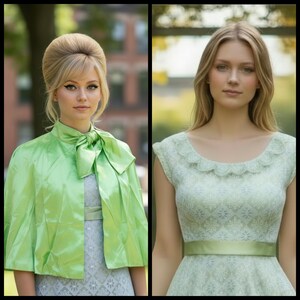 VTG Formal Babydoll Dress Sz XS Long Floral Lace W Cape Lime Green White Satin