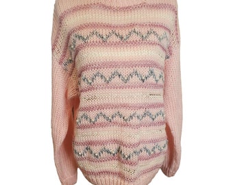 Vintage 80s Pastel Baby Pink Handknit Chunky Sweater Oversized Striped Soft Girl Size Large