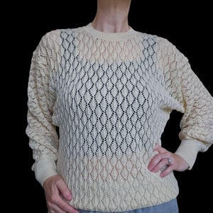 Vintage 70s Pointelle Knit Sweater Cream Neutral Pullover Open Knit Thin Sz S/M