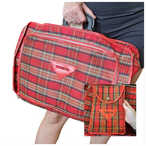 60s Retro Red Plaid Softshell Suitcase Carryon Luggage W Small Matching Bag 2 Piece