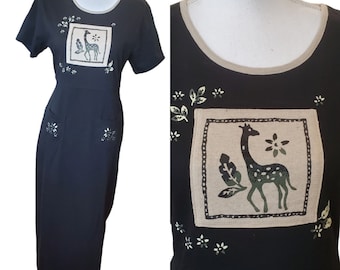 Vintage 90s Black Safari Giraffe Black Maxi Dress Casual Side Slits Sz Small