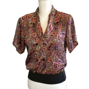 Vintage 80s Satin Blouse Paisley Double Breasted Pop Over Black Pink Small