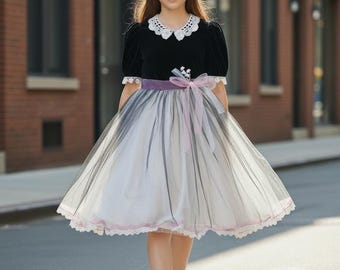 90s Girls Pageant Recital Party Dress Size 6 Tulle Skirt Velvet Black VTG USA