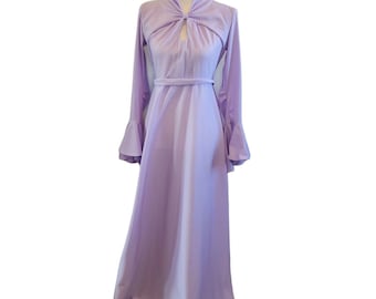 Vintage 60s Small Lilac Purple Keyhole Bellsleeve Dress Polyester Bell Sleeve
