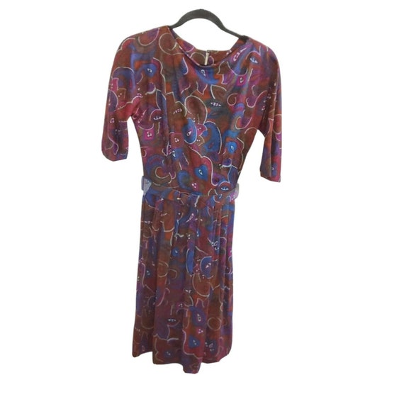 Vintage 40s 50s Mod Paisley Fit & Flare Dress sz Small Brown Belted Knee Length