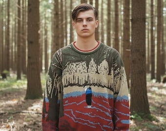 VTG Mens Golf Sweater Sz L Large All Over Print Golfer Trees Nature Country Club