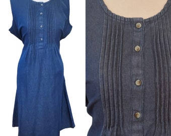 Vintage 90s Denim Chambray Blue Midi Dress Sleeveless Pleated Large Pockets Large