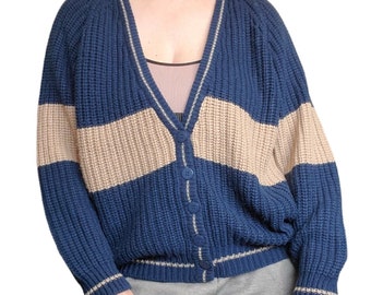 Vintage 80s 90s Navy Blue Chunky Oversized Cardigan Sweater Ribbed Striped M/L