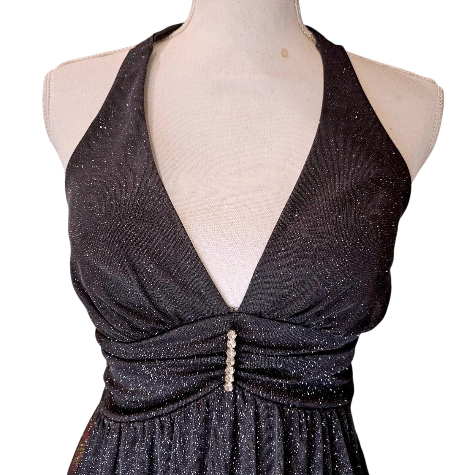 trixxi halter dresses Vintage Y2K Trixxi Maxi Dress Black Halter Embellished Empire Waist Ruched  Sz M