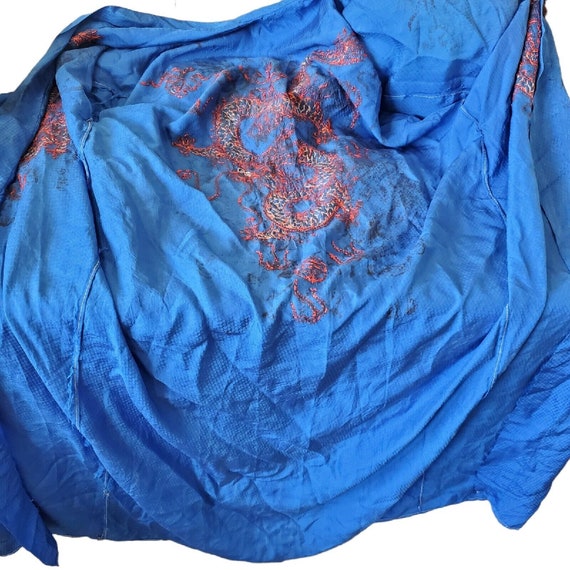 Vintage 40s Blue Satin Silk Long Kimono Duster Em… - image 9