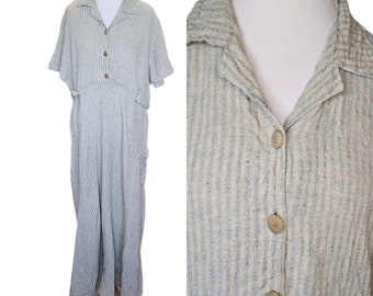 90s Flax Jeanne Engelhart Linen Sage Green Collared Popover Maxi Dress L Textured Lagenlook