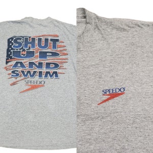 Vintage 90s Speedo Graphic Tee T-shirt Swimmer Patriotic XL Single Stitch Gray