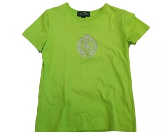 Y2k Lauren Ralph Lauren Lime Green Metallic Crest Top Shirt Petite Small PS