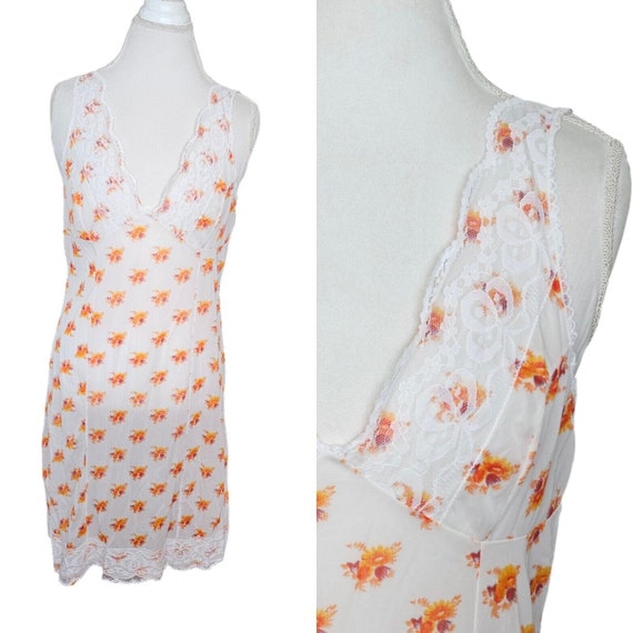 VTG Sheer White Orange Floral Full Slip Sz M Lace… - image 1