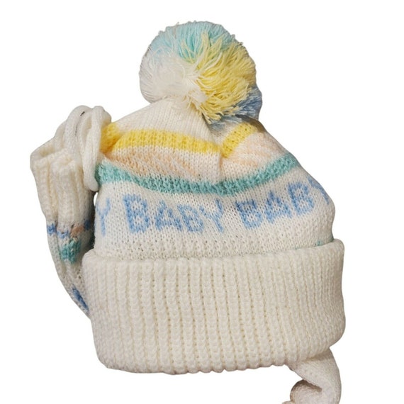 NWOT Vintage 80s Baby Stocking Hat Pom Mittens Kn… - image 2