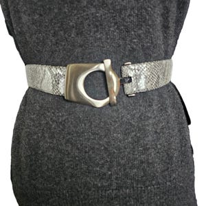 80s Silver Snakeskin Leather Waist Belt Mob Wife Gray Statement Sz S/M