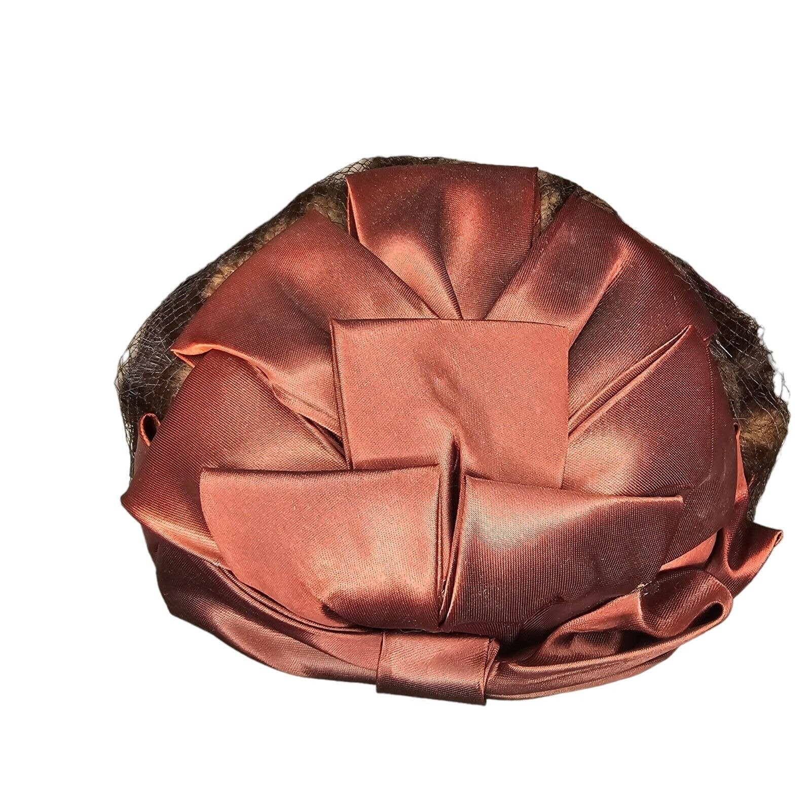 1950s Small Hat Brown‎ Fur Fabric Bow Netting Rust Orange Organza Housewife 1950s Small Hat Brown Fur Fabric Bow Netting Rust Orange  main image 4