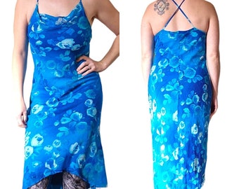Aqua Blue Watercolor Floral Sleeveless Midi Dress Crepe Sz 8 VTG 90s