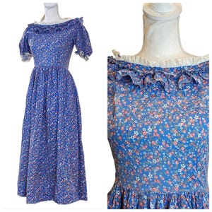 Vintage 70s Womens Size 6 Prairie Dress Blue Ditsy Floral Long Puff Sleeve Flawed READ