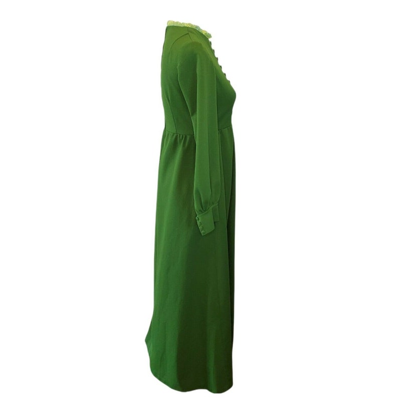 Vintage 60s 70s Womens Small Empire Waist Dress Floor Length Kelly Green image 3