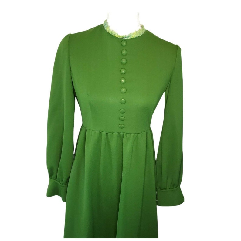 Vintage 60s 70s Womens Small Empire Waist Dress Floor Length Kelly Green image 2