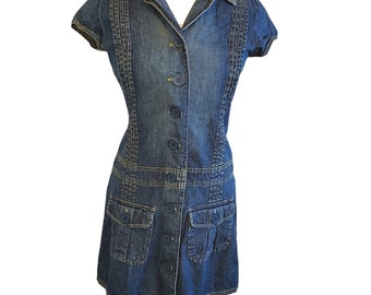 Y2K Denim Shirt Dress Blue Collared  Cotton Button Down Cargo Pockets S/M