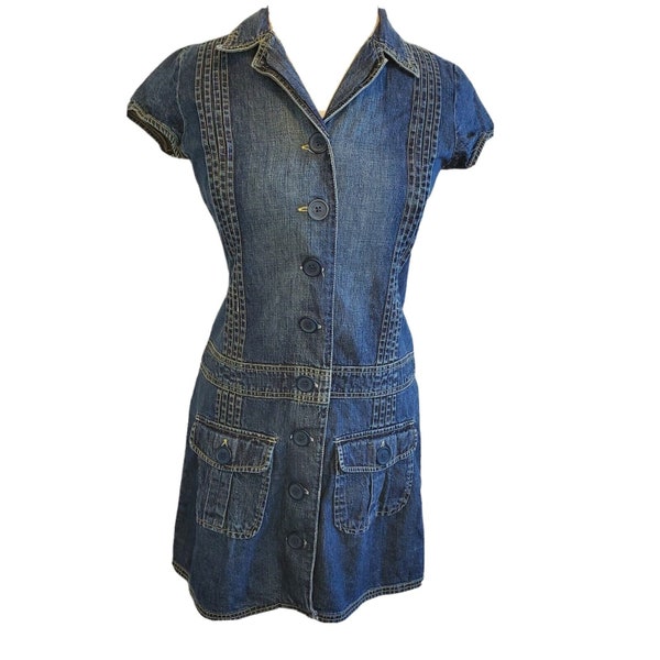 Y2K Denim Shirt Dress Blue Collared  Cotton Button Down Cargo Pockets S/M