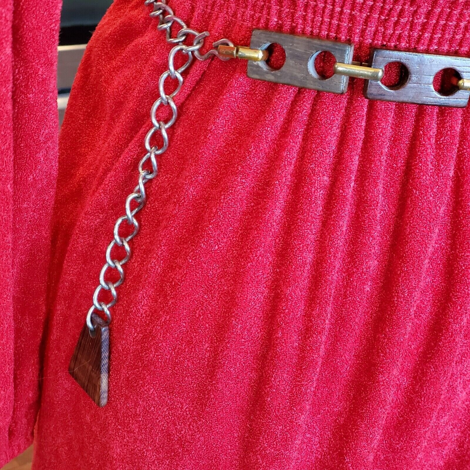 Vintage‎ 80s Faux Wood Link Waist Belt Brown Boho Geometric Brass Silver 24-31\