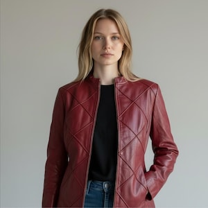 Y2K Oxblood Red Leather Jacket Patchwork Zipup Sz M Medium VTG Mossimo