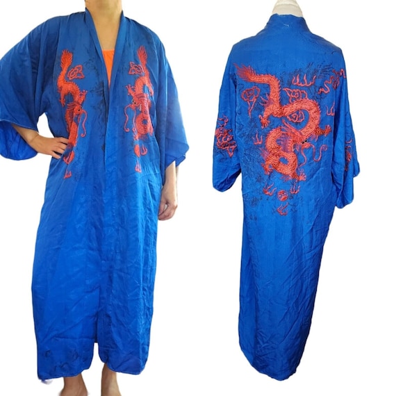 Vintage 40s Blue Satin Silk Long Kimono Duster Em… - image 1