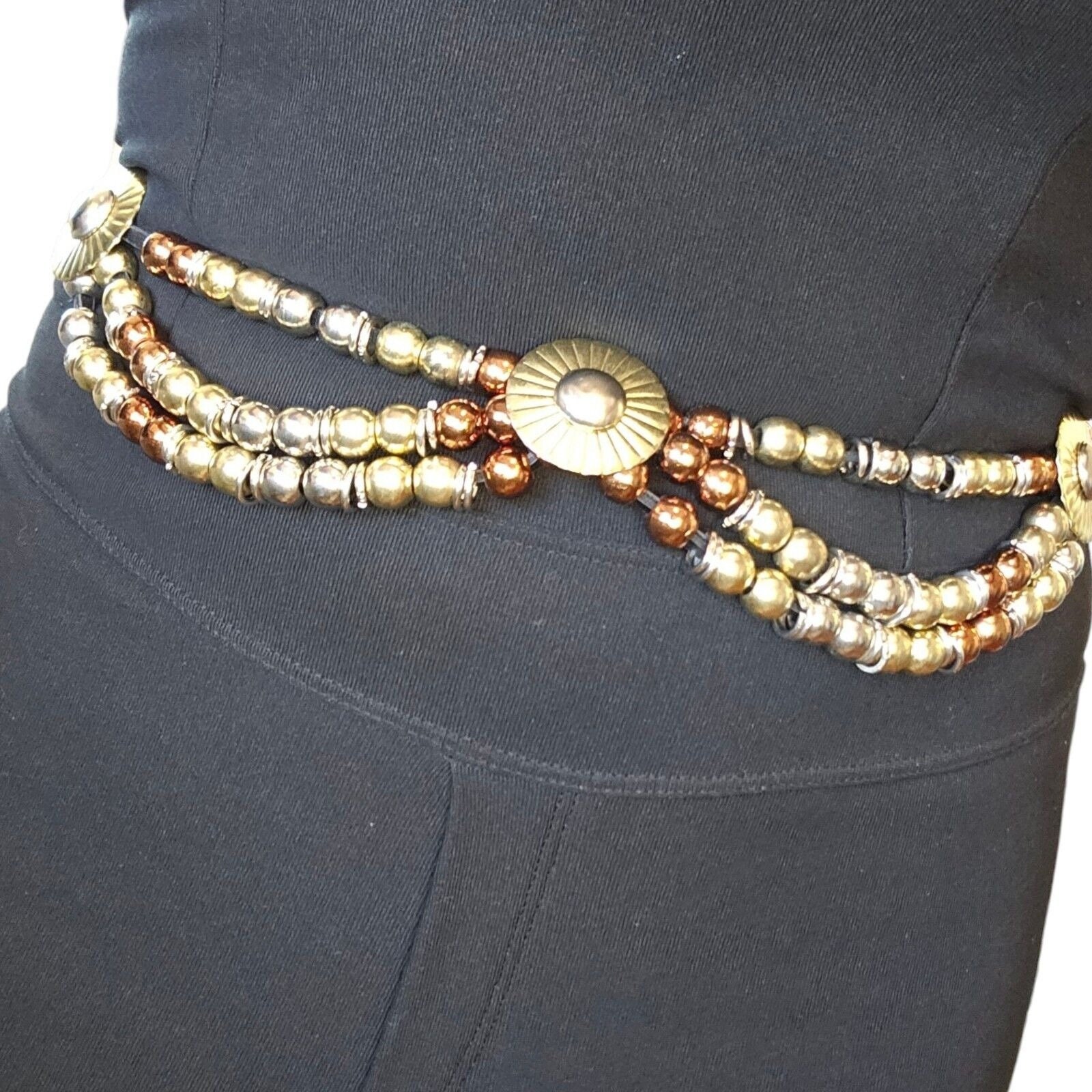 Unique Vintage Beaded Belt in silver gold and bronze Vintage Mixed Metal Beaded Medallion Waist Belt XS Gold  main image 2