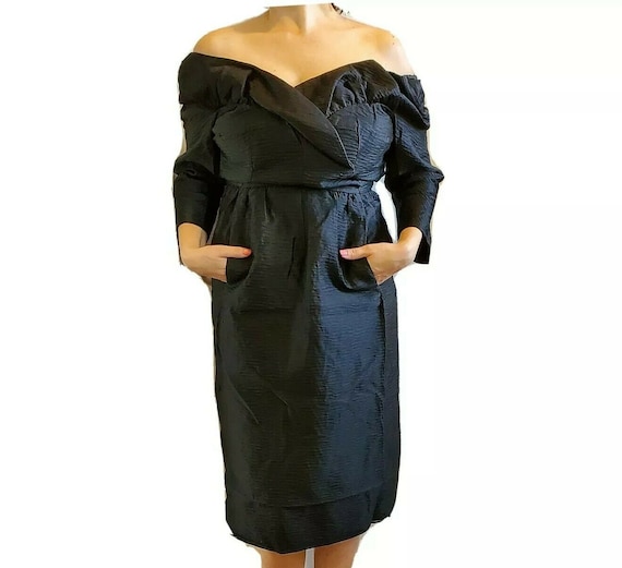 Vintage 1950s Off Shoulder Cocktail Mod Dress Bla… - image 1