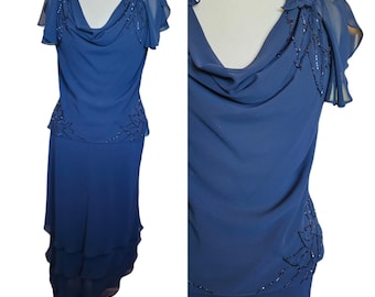 Y2K Adrianna Papell Size 8 10 Blue Chiffon Skirt Set Formal Beaded Layered