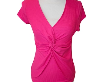 Retro Y2K Pink Ribbed Fitted Top Shirt Criss Cross Ruched Sz S Small Stretch