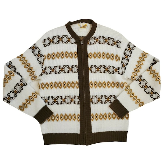 Vintage 60s Mens Zipup Cardigan Beige Acrylic Preppy Brown Size 
