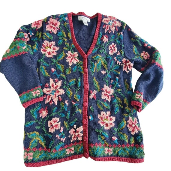 Vintage 90s Chunky Knit Floral Cardigan Sweater L… - image 1