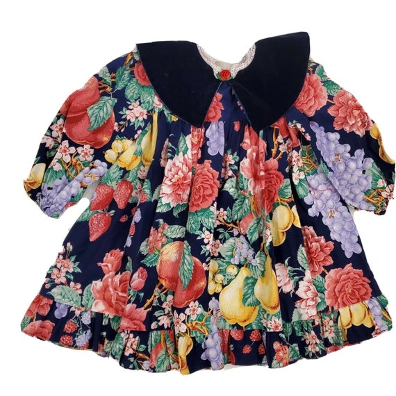 Vintage 90s Girls 4T Floral Fruit Collared Party … - image 1