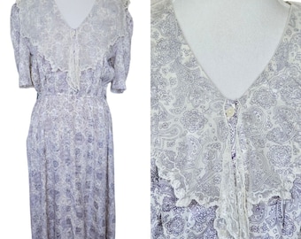 70s 80s Paisley Midi Dress W Lace Exaggerated Collar Medium 8 10 Cottage Core