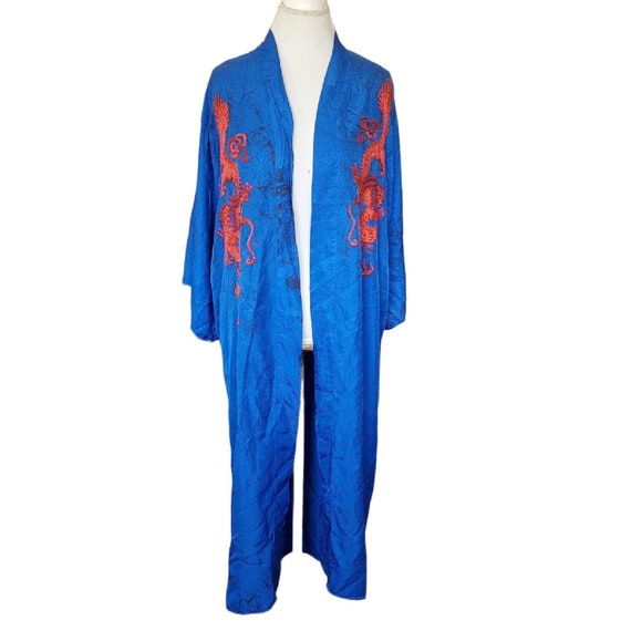 Vintage 40s Blue Satin Silk Long Kimono Duster Em… - image 3